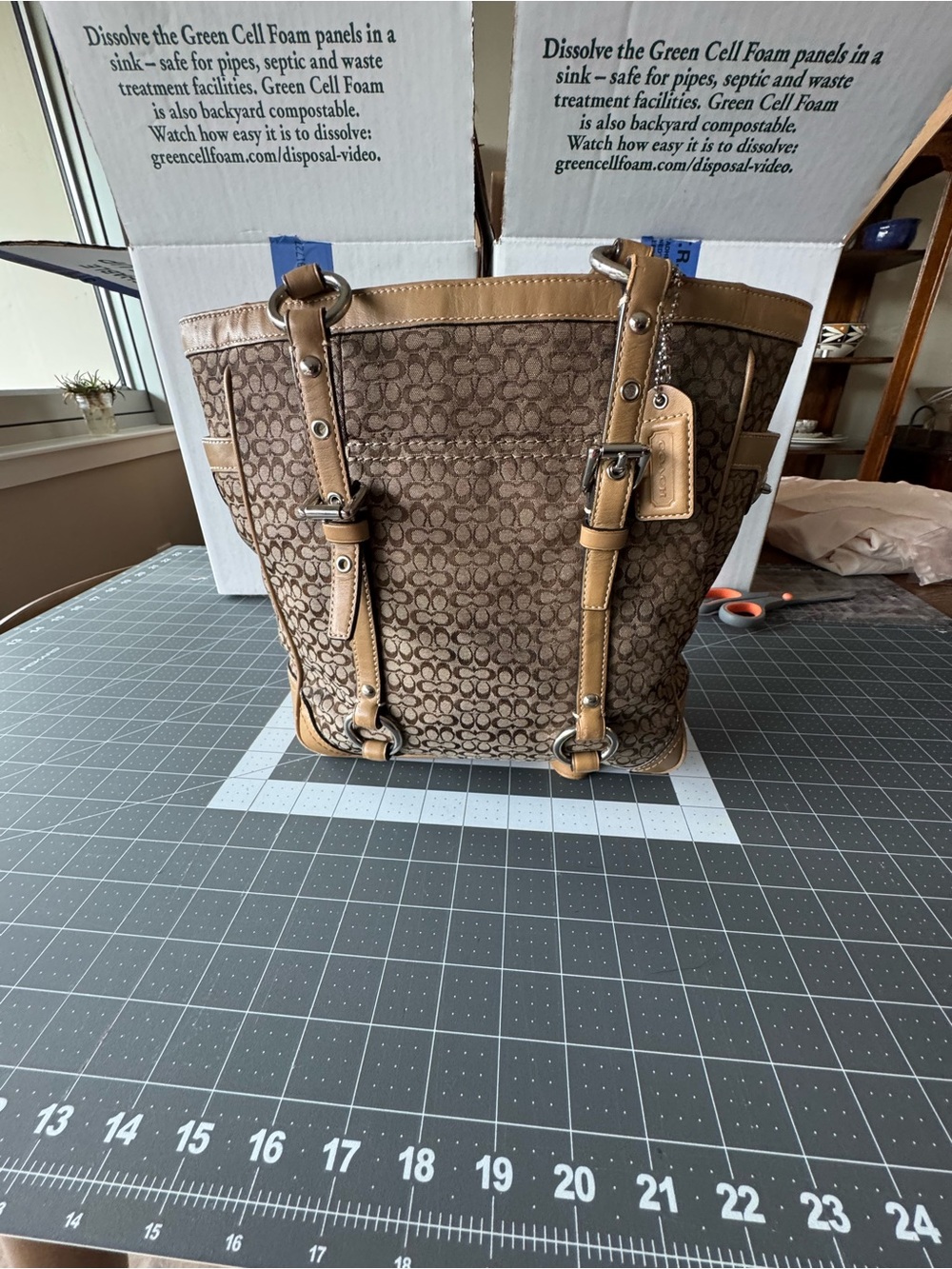 Coach Brown Signature Canvas Tote with Tan Leather Trim - Picture 2 of 16